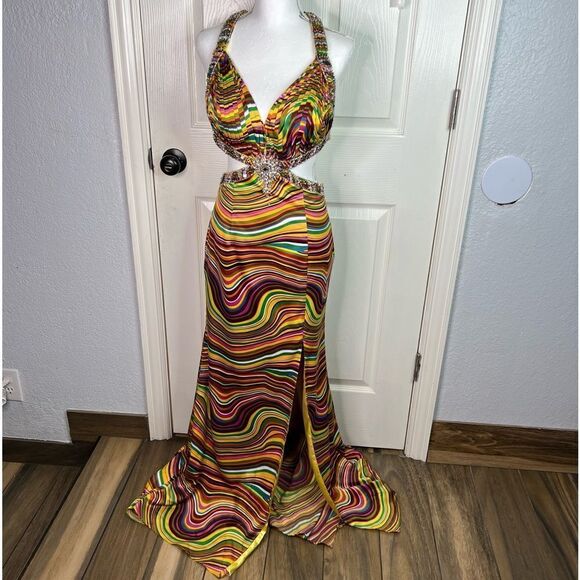 Camille La Vie Multicolor Plunge Neckline Cocktail Prom Long Train Dress Sz 4 - Picture 2 of 16